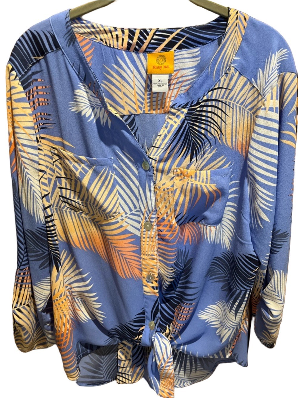 Ruby Rd. Blue Tropical Palm-Print Button Front Blouse